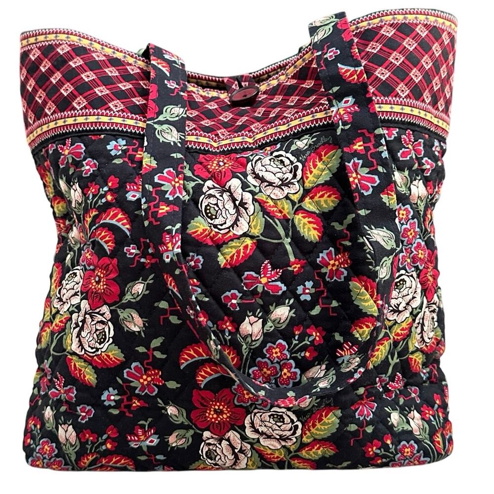 Vera Bradley Mocha Rouge Quilte Tote Bag Retired Black Red Floral Large Carry On